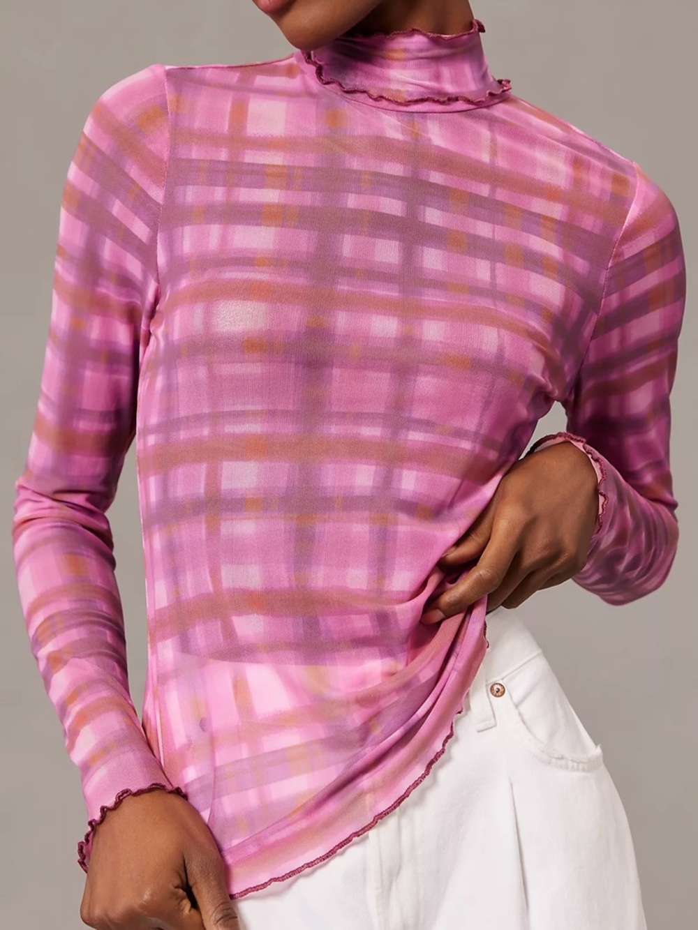 Anthropologie Pilcro Mesh Plaid Turtleneck Top Mockneck Long Sleeve Pink Sz M
